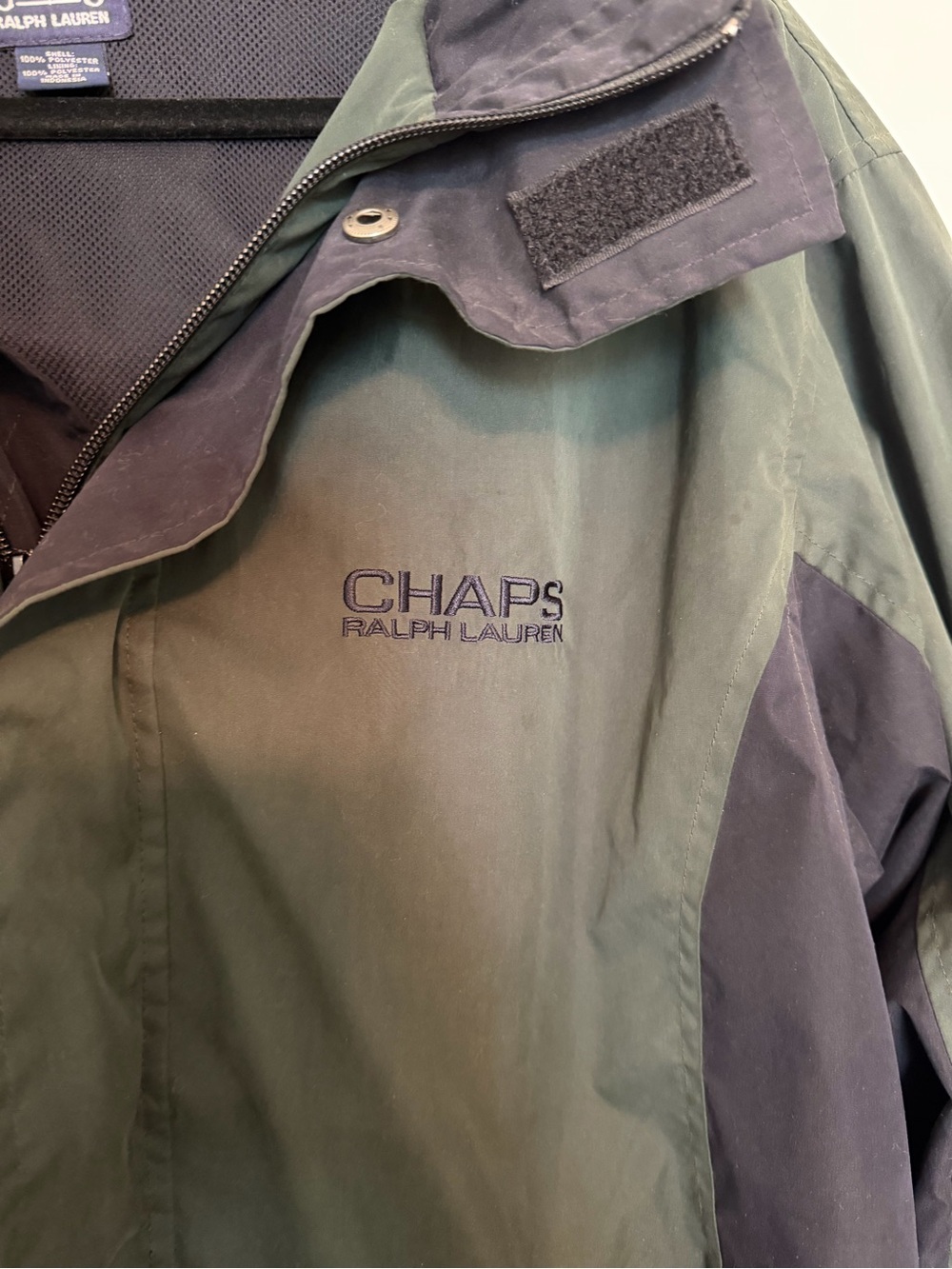 Vintage Chaps Ralph Lauren Men’s L Hooded Windbreaker Jacket Green Navy 90s - Picture 2 of 6